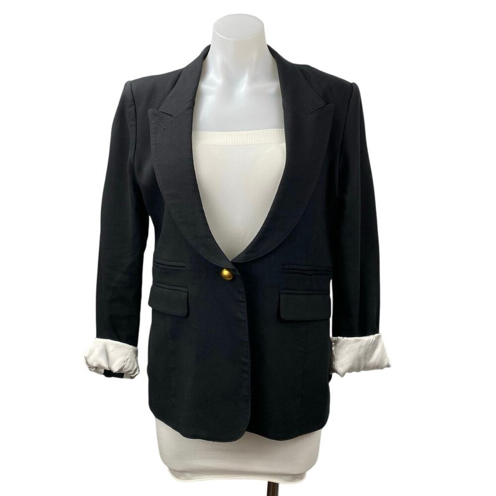 Smythe Women's Black One Button Collared Long Sleeve Blazer Coat Jacket Size 12